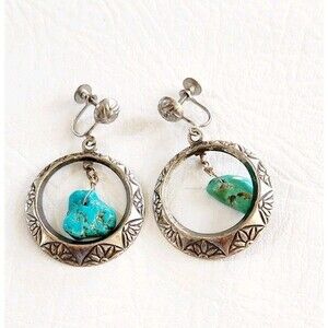 Vintage Silver Plated Rough Turquoise Nugget Concho Screw Back earrings 2" 8.54g